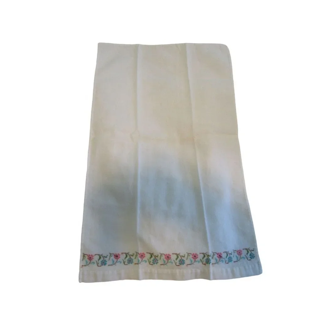 Vintage Hand Embroidered Guest Tea Hand Towels Pink Blue Floral Minor Age Stains